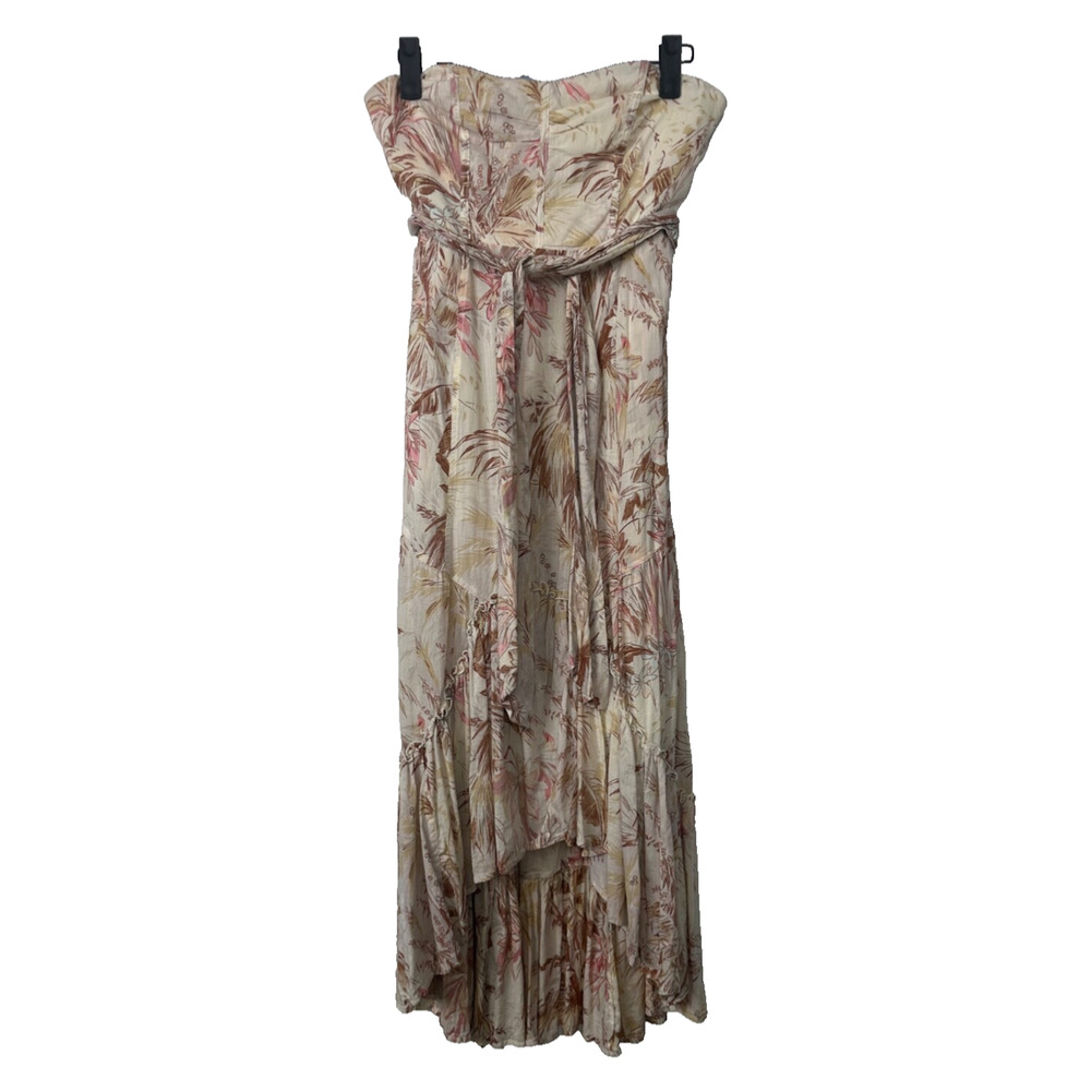 By Anthropologie Strapless Tiered Maxi Dress 6 floral Hi Lo Belted Boho D48